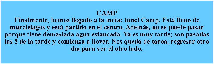 Cuadro de texto: CAMPFinalmente, hemos llegado a la meta: tnel Camp. Est lleno de murcilagos y est partido en el centro. Adems, no se puede pasar porque tiene demasiada agua estancada. Ya es muy tarde; son pasadas las 5 de la tarde y comienza a llover. Nos queda de tarea, regresar otro da para ver el otro lado.