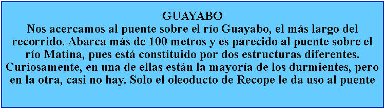 Cuadro de texto: GUAYABONos acercamos al puente sobre el ro Guayabo, el ms largo del recorrido. Abarca ms de 100 metros y es parecido al puente sobre el ro Matina, pues est constituido por dos estructuras diferentes. Curiosamente, en una de ellas estn la mayora de los durmientes, pero en la otra, casi no hay. Solo el oleoducto de Recope le da uso al puente