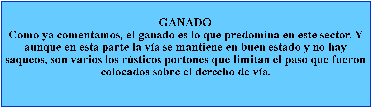 Cuadro de texto: GANADOComo ya comentamos, el ganado es lo que predomina en este sector. Y aunque en esta parte la va se mantiene en buen estado y no hay saqueos, son varios los rsticos portones que limitan el paso que fueron colocados sobre el derecho de va.