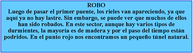 Cuadro de texto: ROBOLuego de pasar el primer puente, los rieles van apareciendo, ya que aqu ya no hay lastre. Sin embargo, se puede ver que muchos de ellos han sido robados. En este sector, aunque hay varios tipos de durmientes, la mayora es de madera y por el paso del tiempo estn podridos. En el punto rojo nos encontramos un pequeo tnel natural.