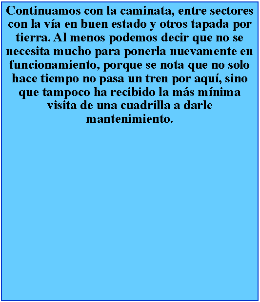 Cuadro de texto: Continuamos con la caminata, entre sectores con la va en buen estado y otros tapada por tierra. Al menos podemos decir que no se necesita mucho para ponerla nuevamente en funcionamiento, porque se nota que no solo hace tiempo no pasa un tren por aqu, sino que tampoco ha recibido la ms mnima visita de una cuadrilla a darle mantenimiento.