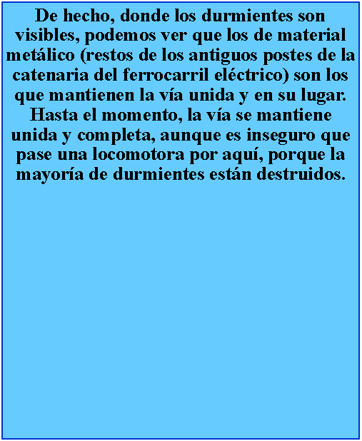 Cuadro de texto: De hecho, donde los durmientes son visibles, podemos ver que los de material metlico (restos de los antiguos postes de la catenaria del ferrocarril elctrico) son los que mantienen la va unida y en su lugar. Hasta el momento, la va se mantiene unida y completa, aunque es inseguro que pase una locomotora por aqu, porque la mayora de durmientes estn destruidos.